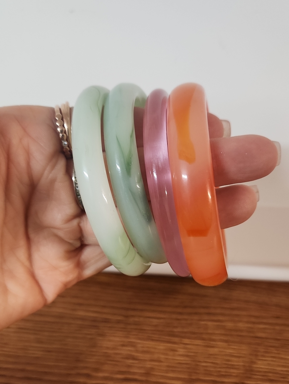 Four Glass Bangle Bracelets- Pink, Mint, Green, Orange. Size 6.5-7"